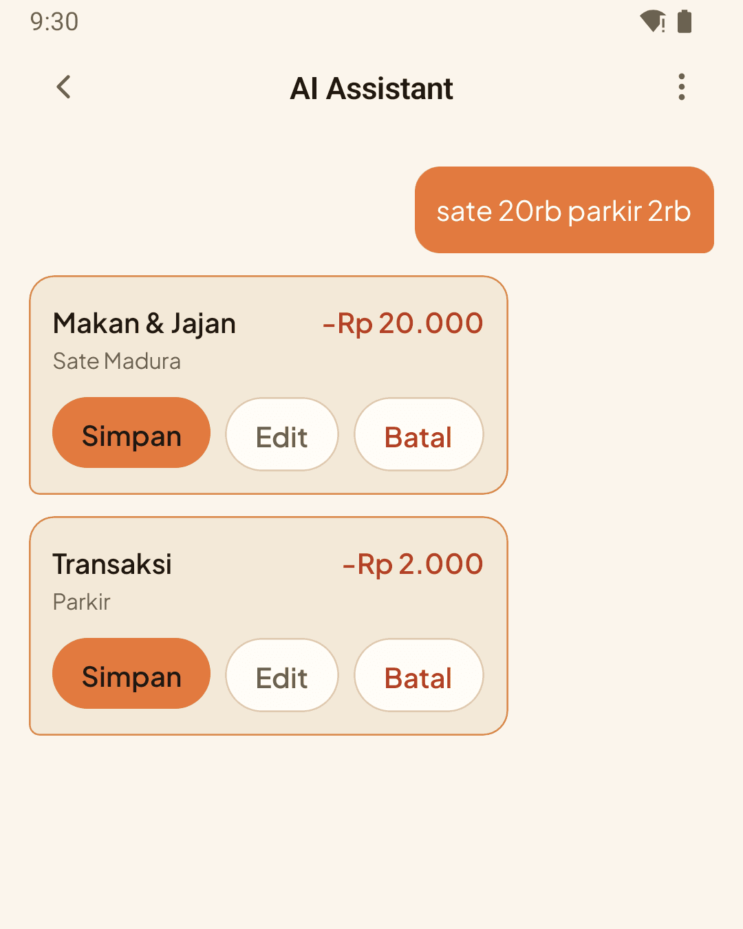 Layar chat AI Savyn: pesan 'sate 20rb parkir 2rb' menjadi dua draft transaksi siap dikonfirmasi